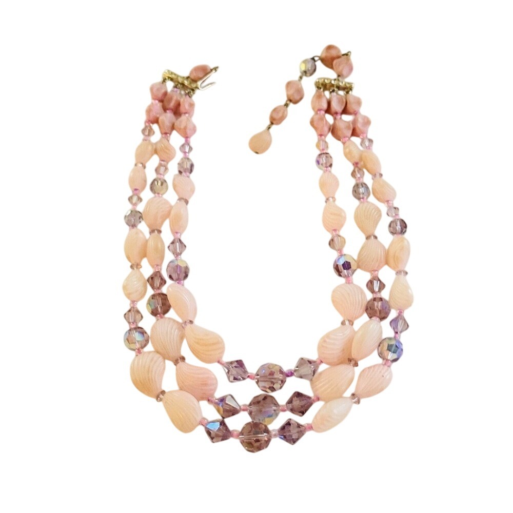 VTG Lucite Crystal Necklace Pink purple pastels beads 60s Triple Strand Multi